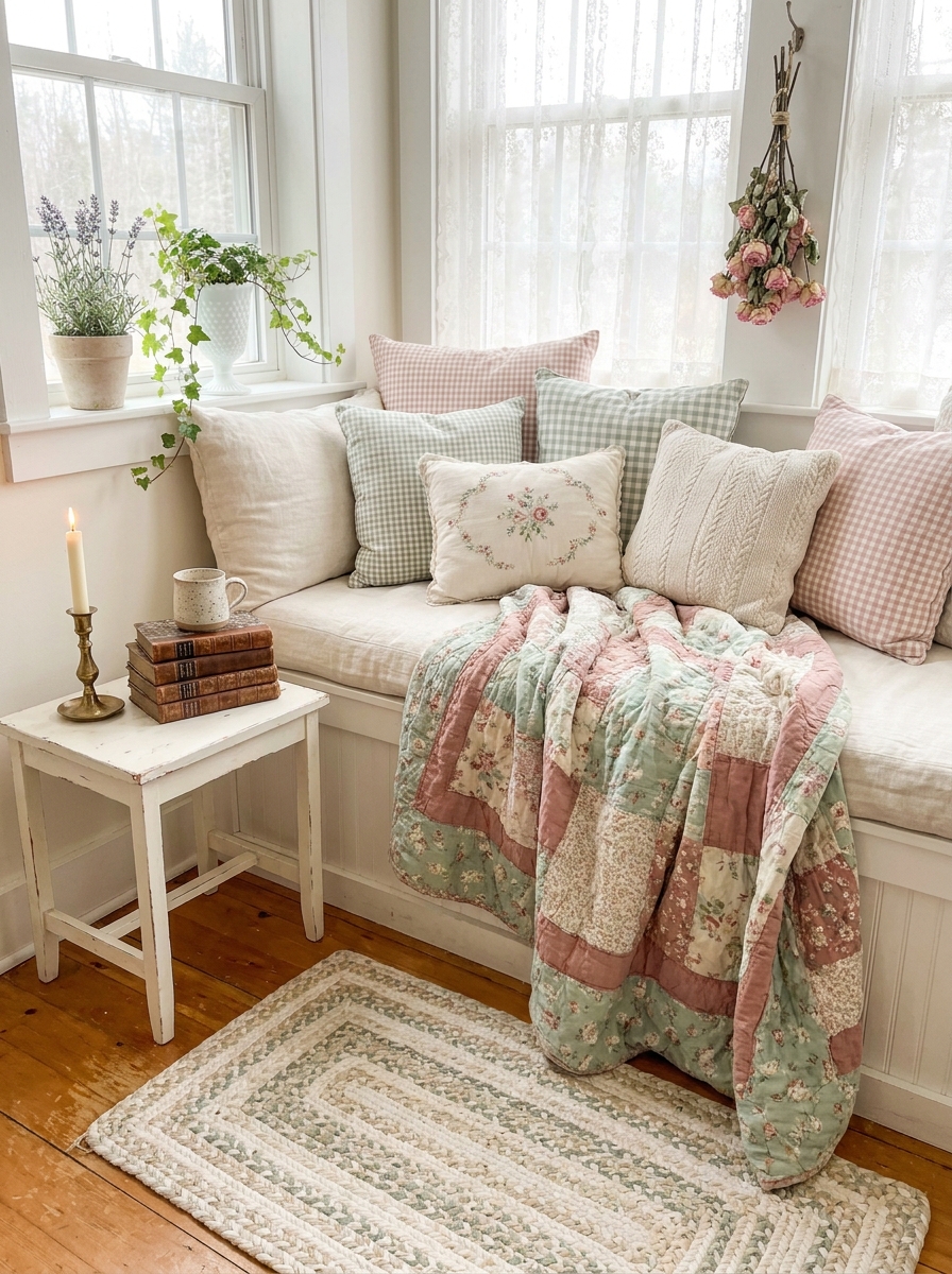 Cozy Reading Nook with a Vintage Quilt and Overstuffed Cushions