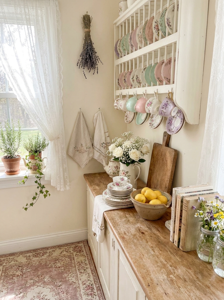 Antique Floral Teacups Displayed on a Plate Rack