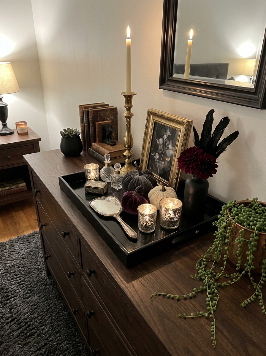 Dresser Top Display with Vintage Halloween Elegance