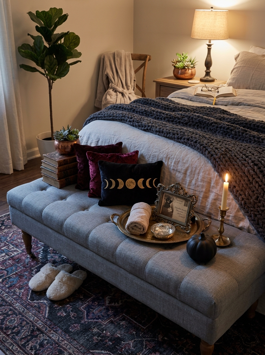 Bedroom Bench End-of-Bed Display with Cozy Textures