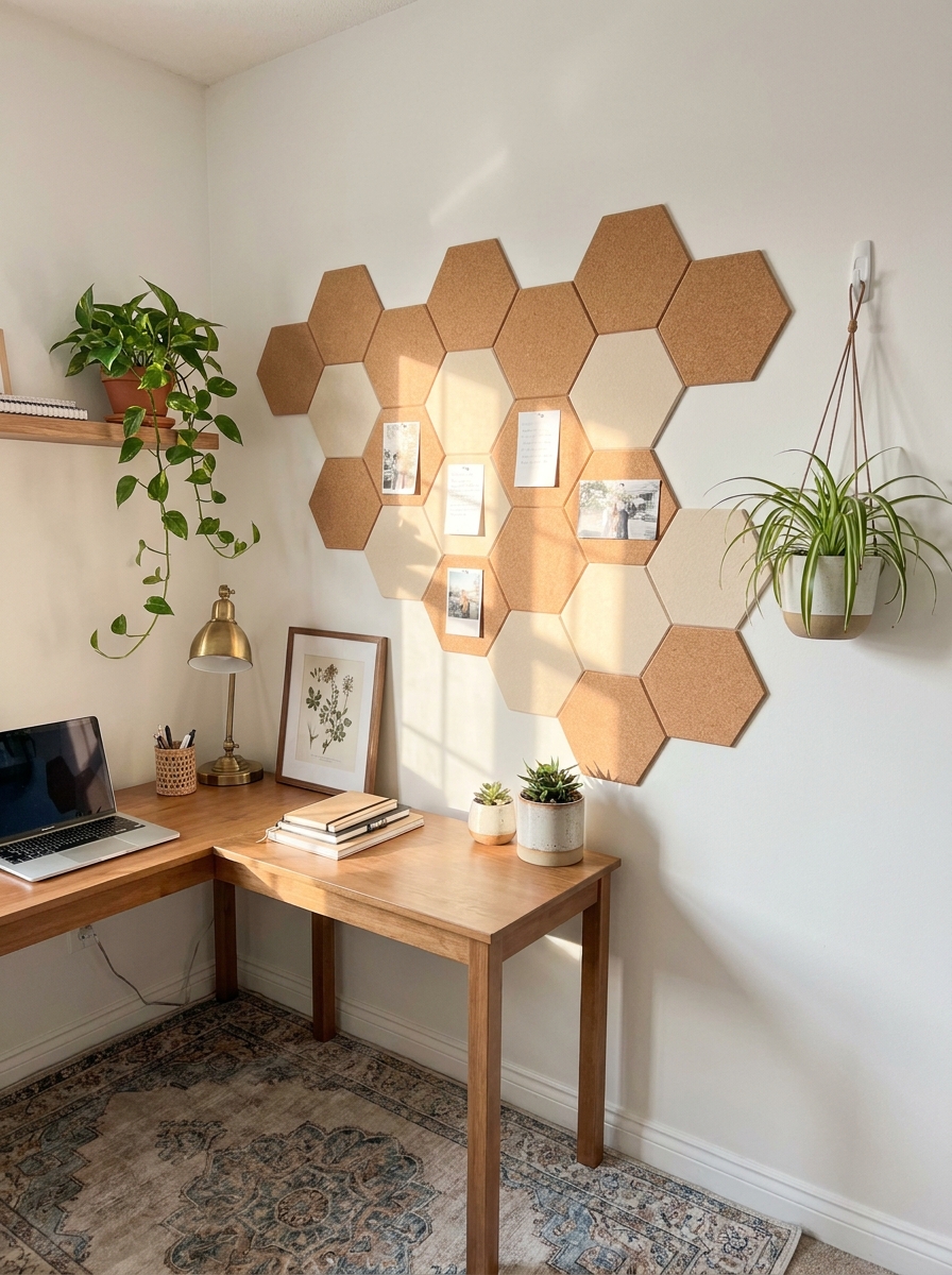 Adhesive Cork Tiles Arranged as Geometric Wall Art