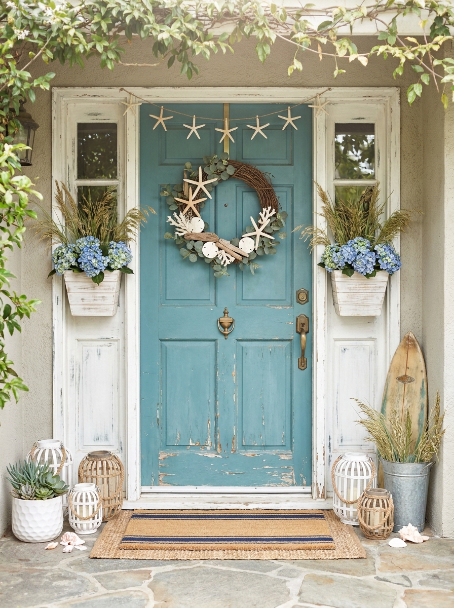 Weathered Teal Door with Seashell and Starfish Magic