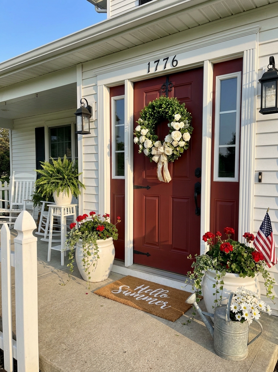 Barn Red Door with White Picket Fence Charm