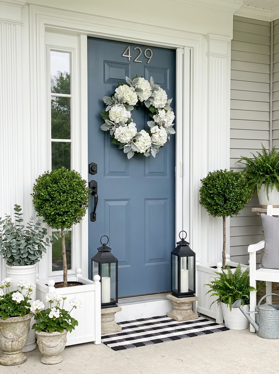 Slate Blue Door with Sophisticated White and Green Elegance