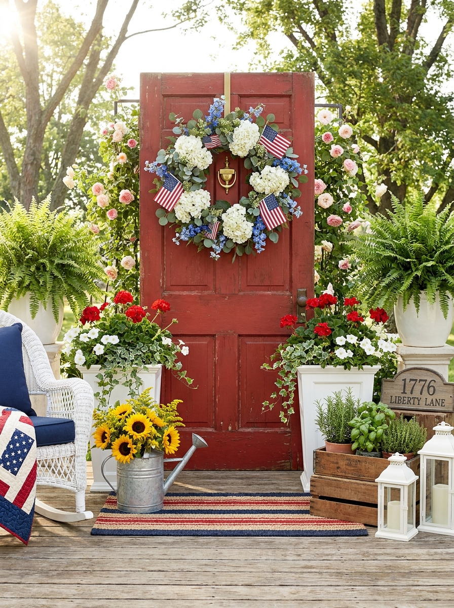 Vintage Red Door with Americana Flag and Florals