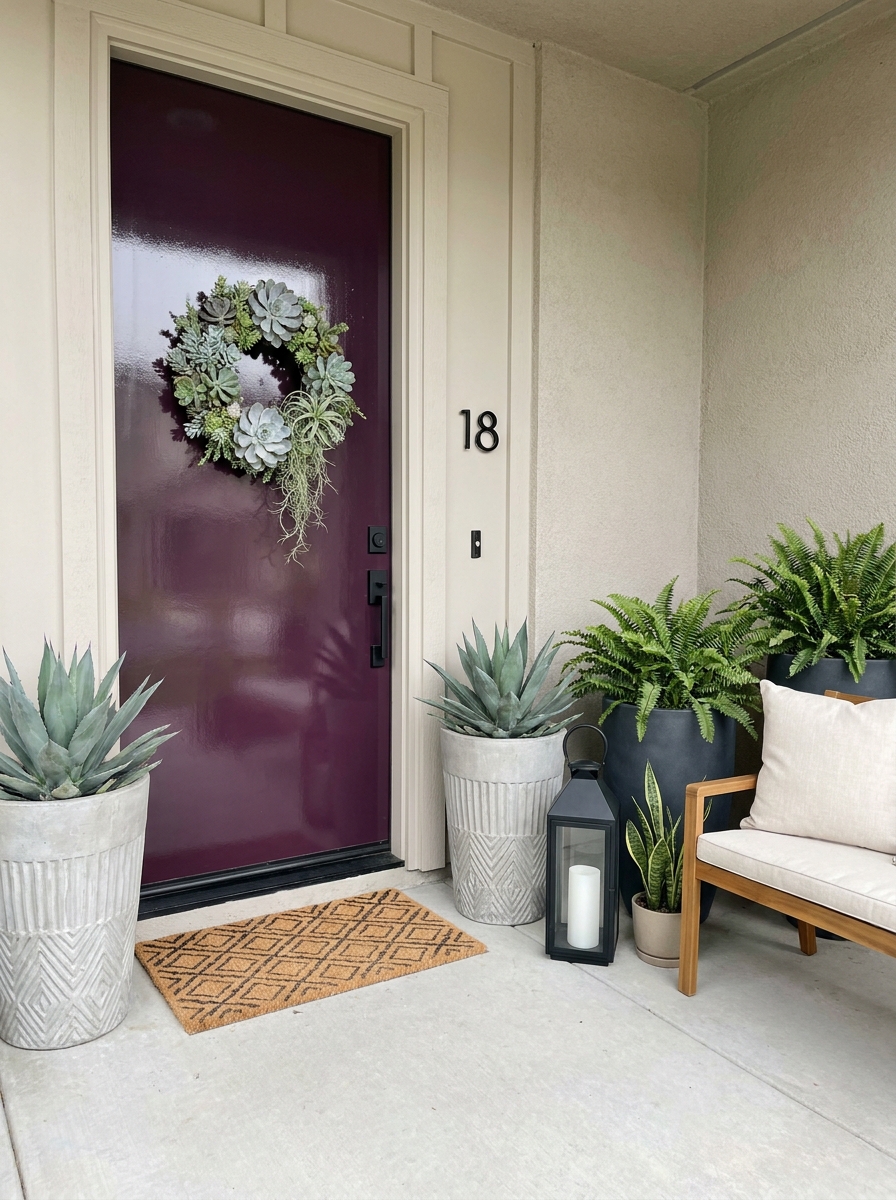 Glossy Plum Door with Modern Succulent Installation