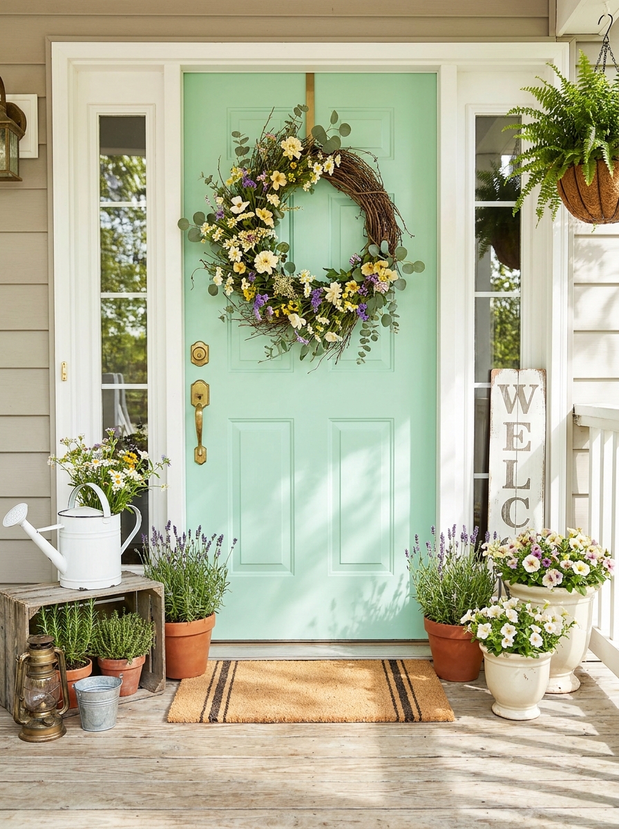 Fresh Mint Door with Grapevine and Wildflower Bohemian Wreath