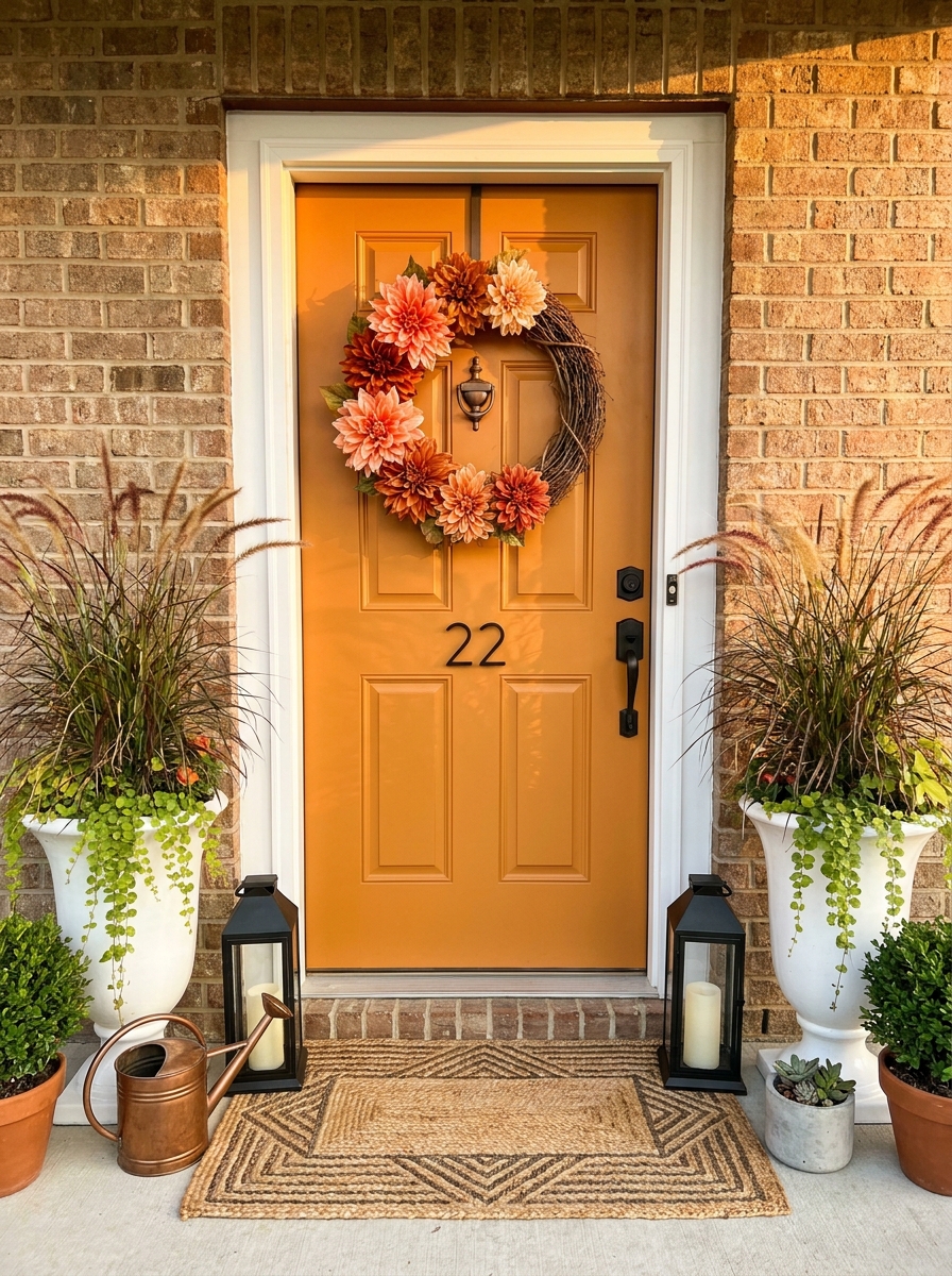 Warm Amber Orange Door with Sunburst Dahlia Statement Piece