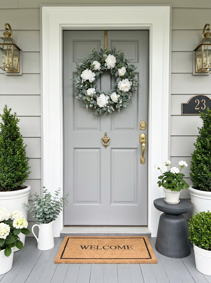 Sophisticated Dove Gray with Elegant White Peony and Eucalyptus