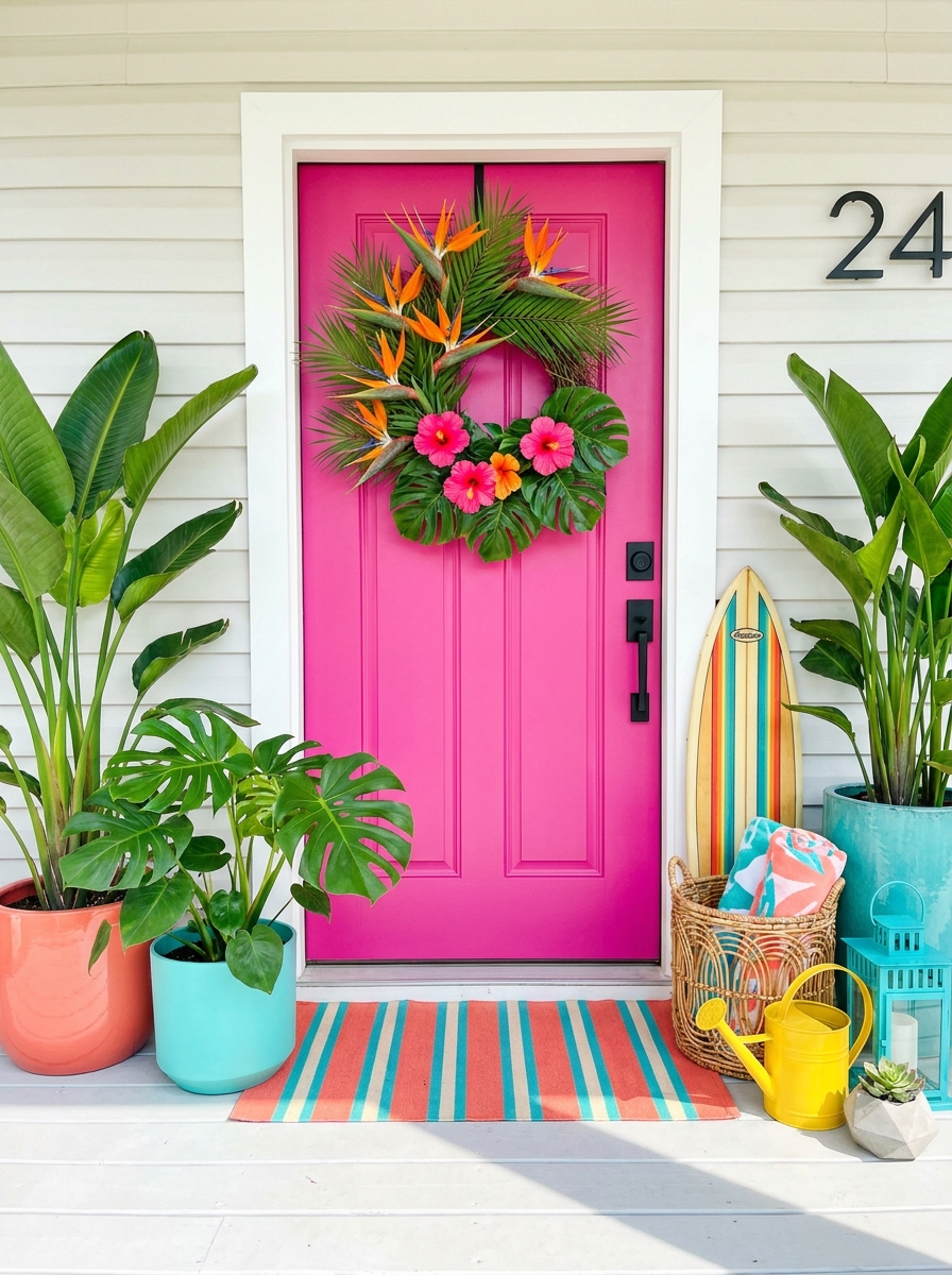 Bright Fuchsia Door with Tropical Bird of Paradise and Palm Fronds