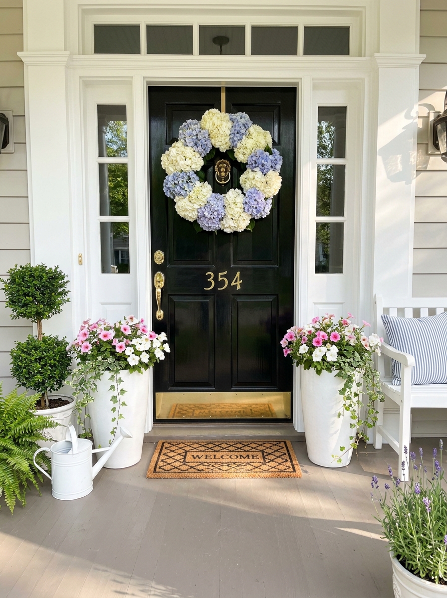 Classic Black Door with Hydrangea Heaven