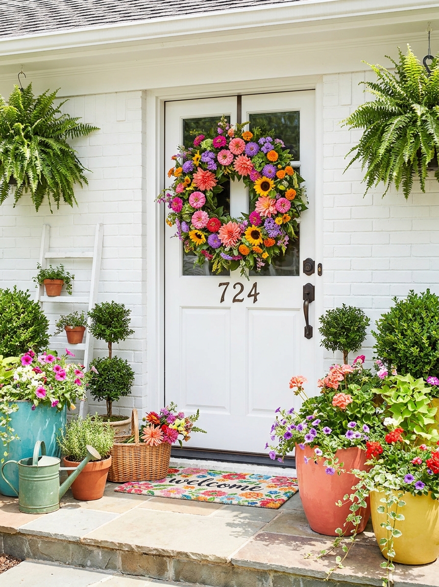 Crisp White Cottage with Rainbow Garden Wreath