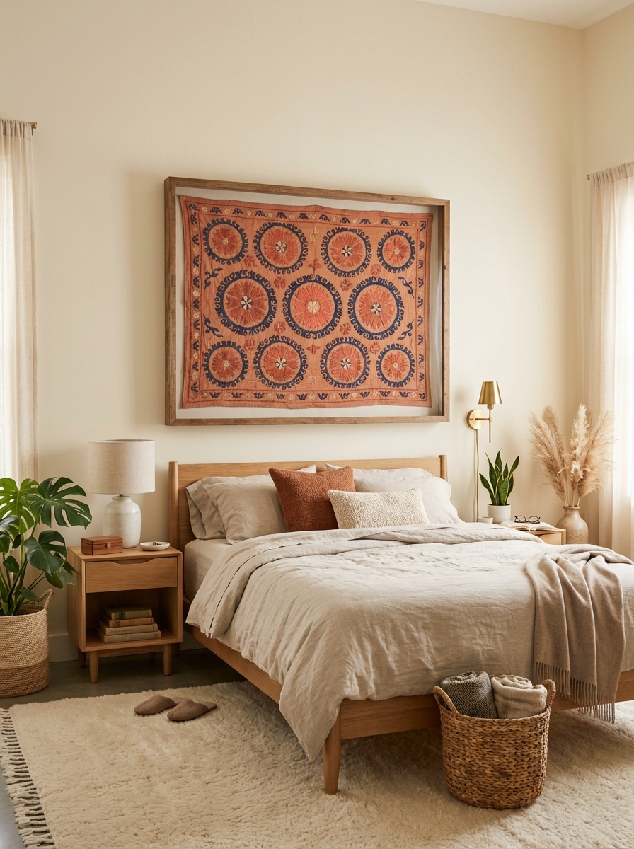 Oversized Framed Fabric or Vintage Textile Art