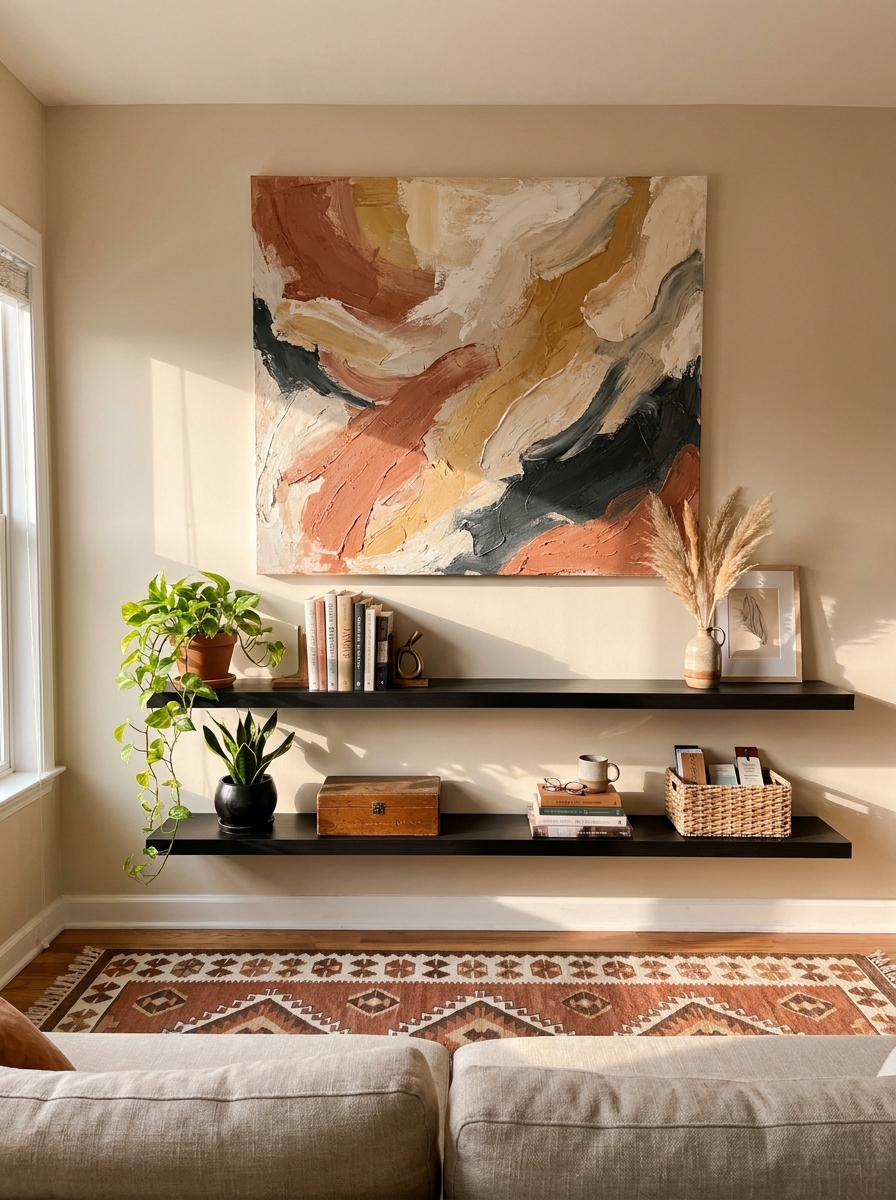 Floating Shelf Gallery with Oversized Art Above