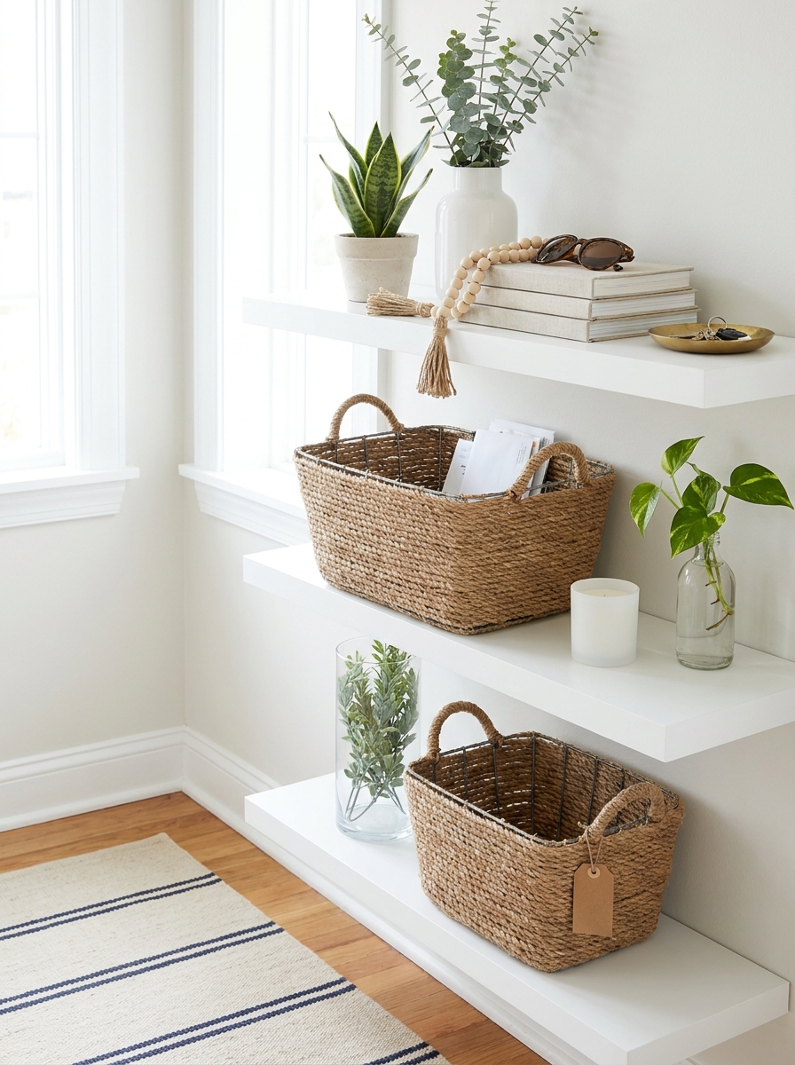 Floating Shelf Styling with Woven Basket Storage