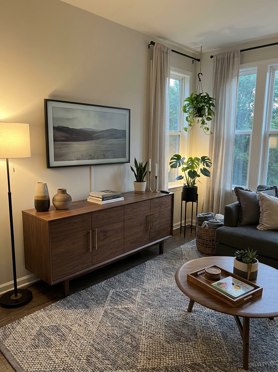 Low-Profile TV Stand with Closed Cabinet Doors