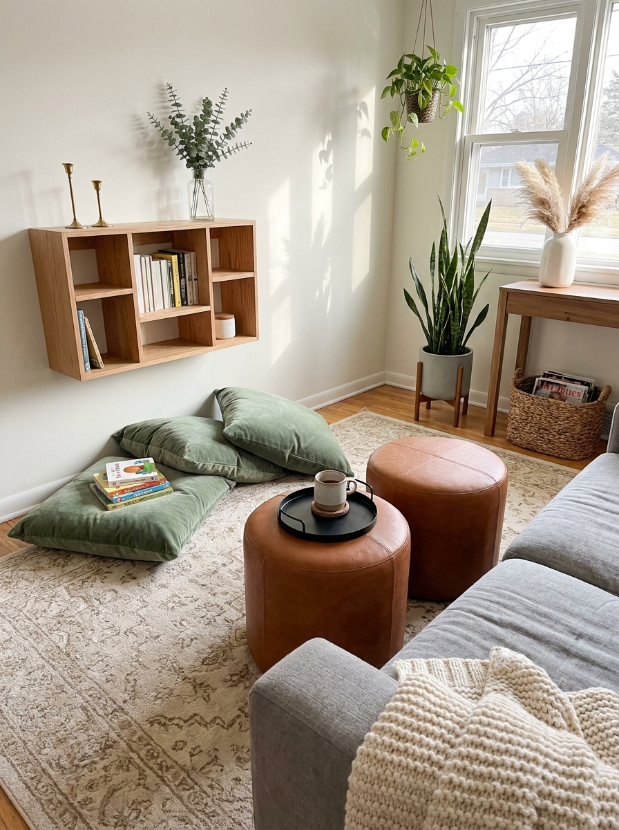 Poufs and Floor Pillows Instead of Breakable Side Tables