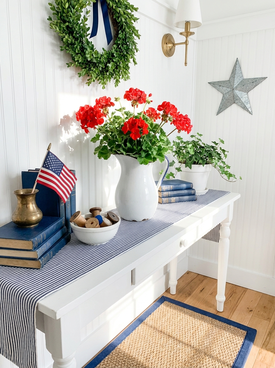 White Enamelware Pitcher Filled with Red Geraniums