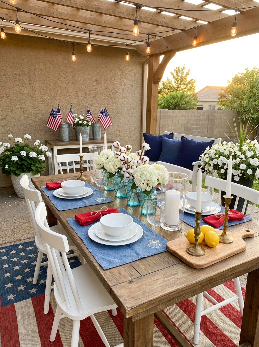 Outdoor Patio Table Set with Denim Blue Placemats