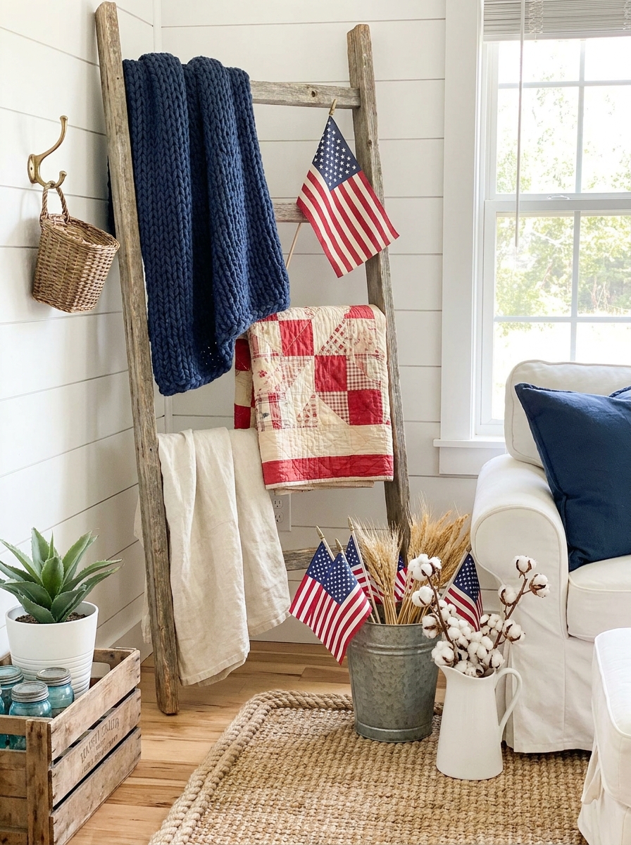 Wooden Ladder Leaning Against Wall with Layered Textiles