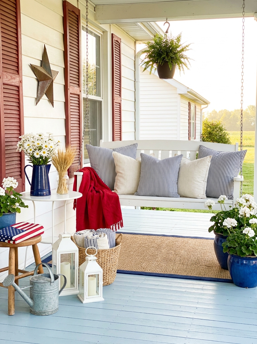 Porch Swing Styled with Ticking Stripe Pillows