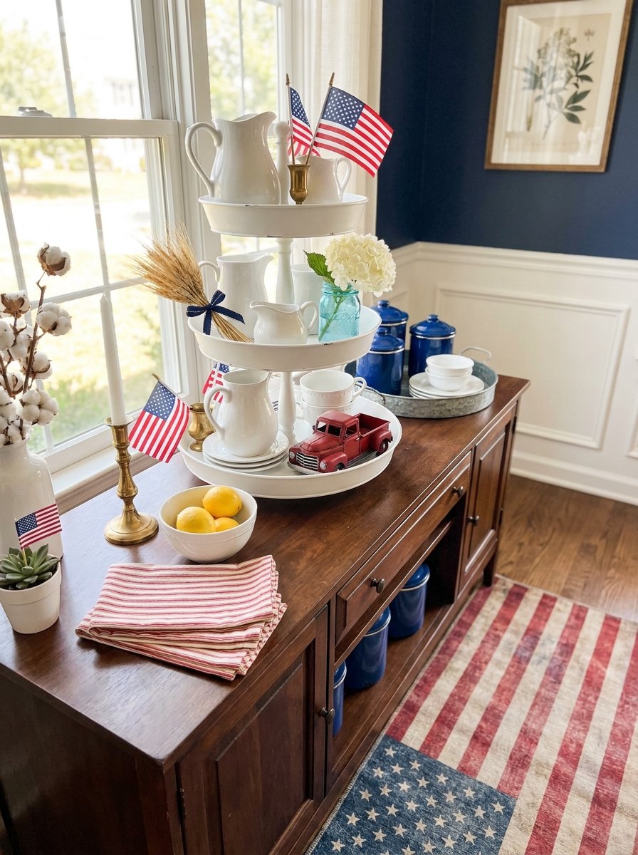 Tiered Tray Styled with Mini Flags and White Ironstone