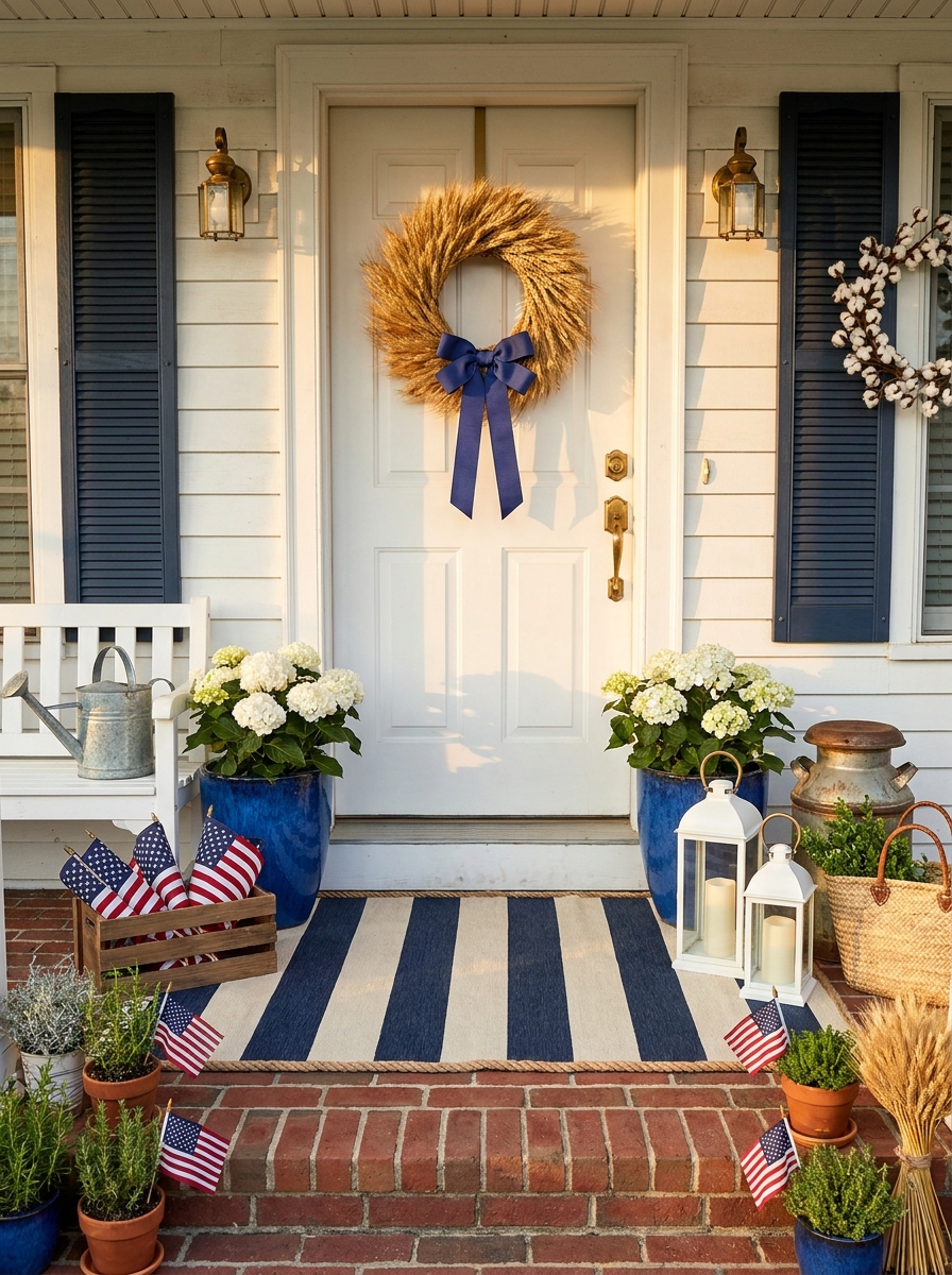 Front Door Wreath with Dried Wheat and Indigo Ribbon