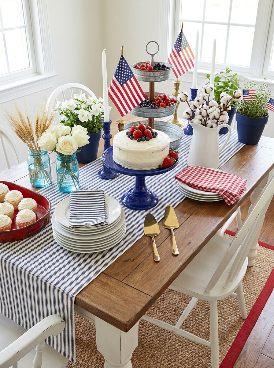 Dessert Table with Blue Cake Stand and Striped Napkins