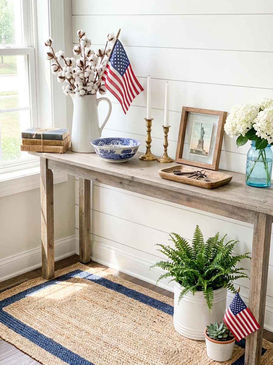 Entryway Console Styled with Vintage Postcards and Florals