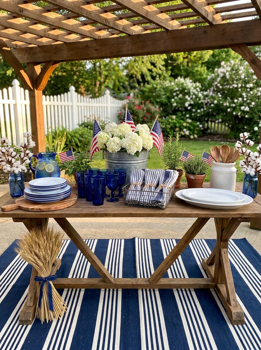 Outdoor Buffet Table with Enamelware and Blue Glassware