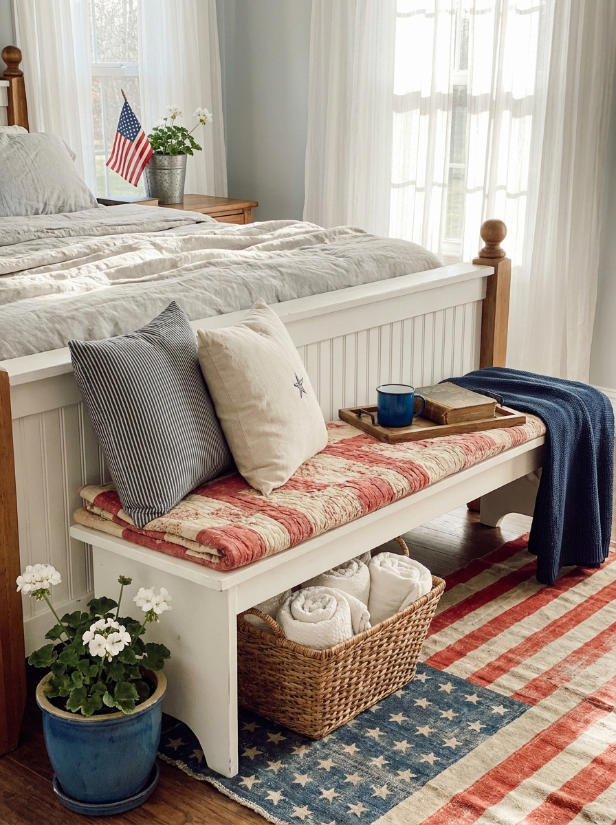 Bedroom Bench Layered with Quilts and Throw Pillows