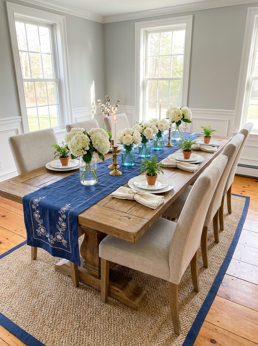 Navy Blue Table Runner with White Florals
