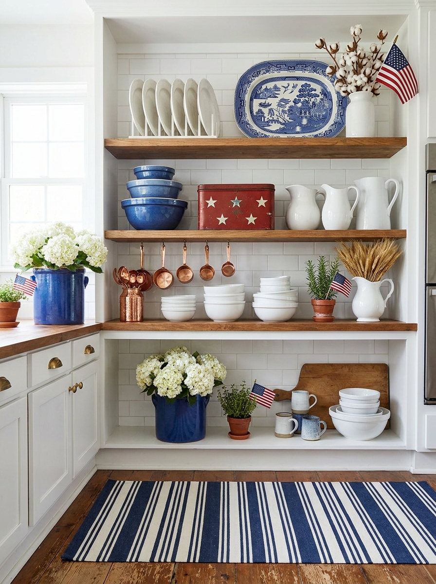 Kitchen Open Shelving Styled with Blue Pottery and White Dishes
