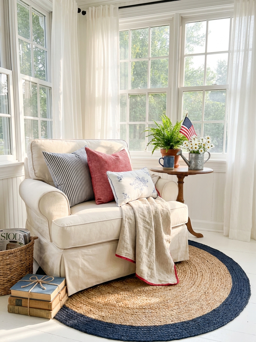 Sunroom Reading Nook with Flag-Inspired Throw Pillows
