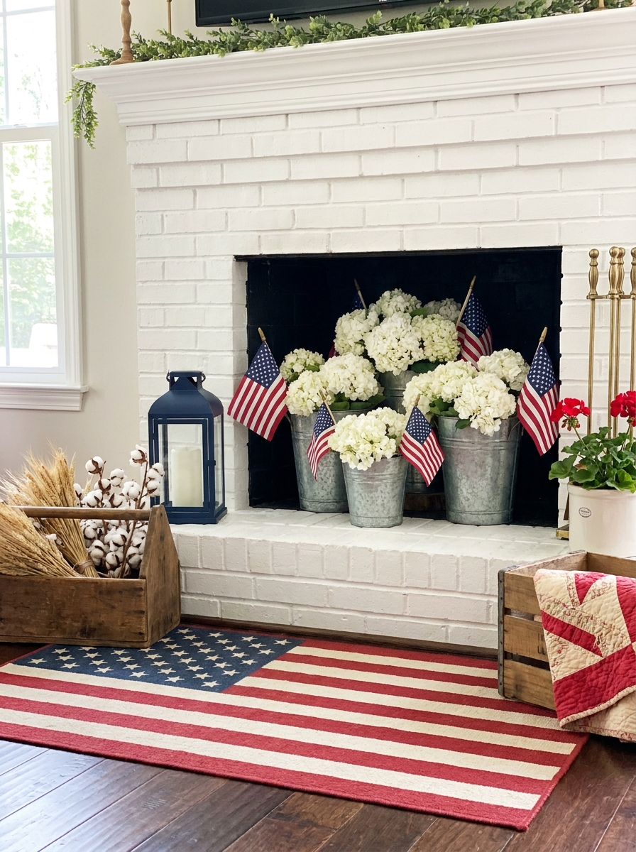 Fireplace Hearth Styled with Galvanized Buckets and Florals