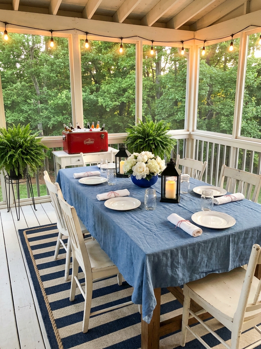 Screened Porch Dining Area with Denim Blue Tablecloth