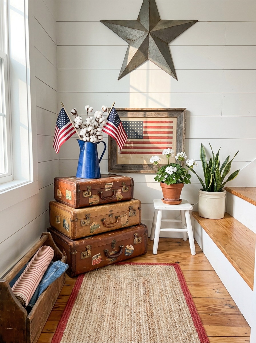 Staircase Landing Vignette with Vintage Suitcases and Flags
