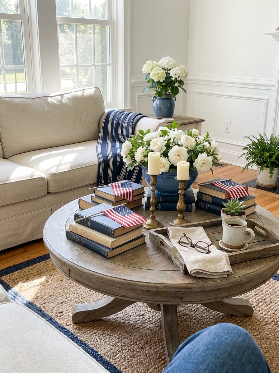 Living Room Coffee Table Styled with Vintage Books and Flags