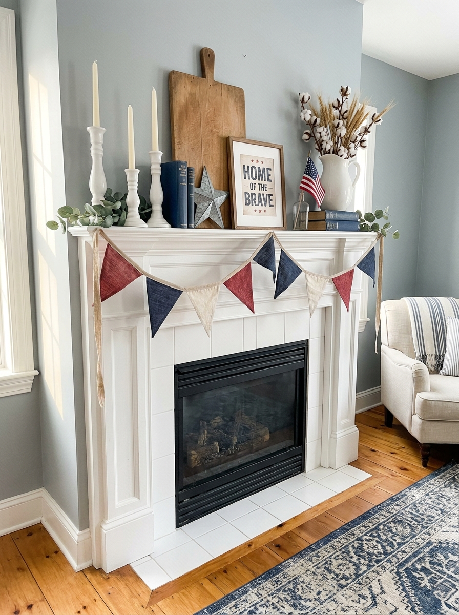 Layered Mantel with Patriotic Bunting