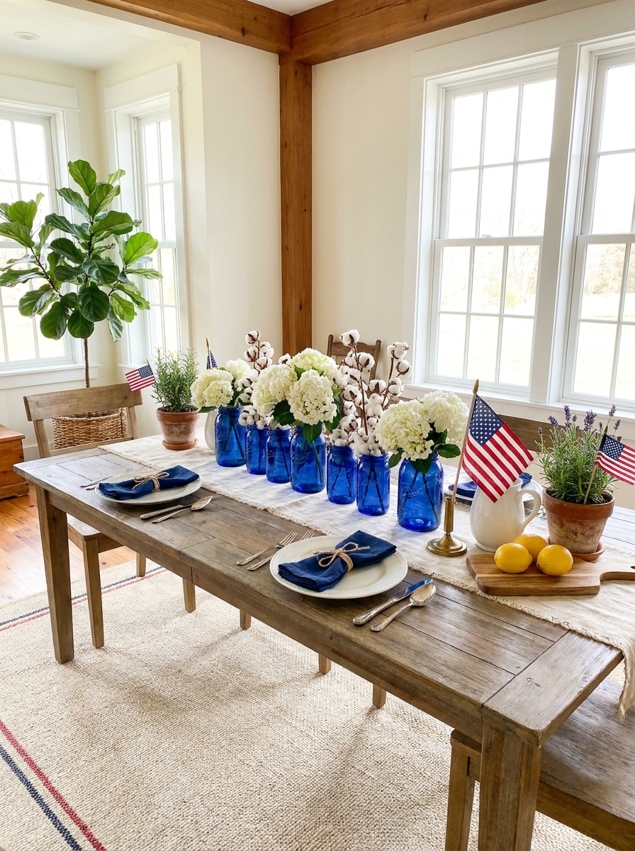 Blue Mason Jar Centerpiece with White Hydrangeas