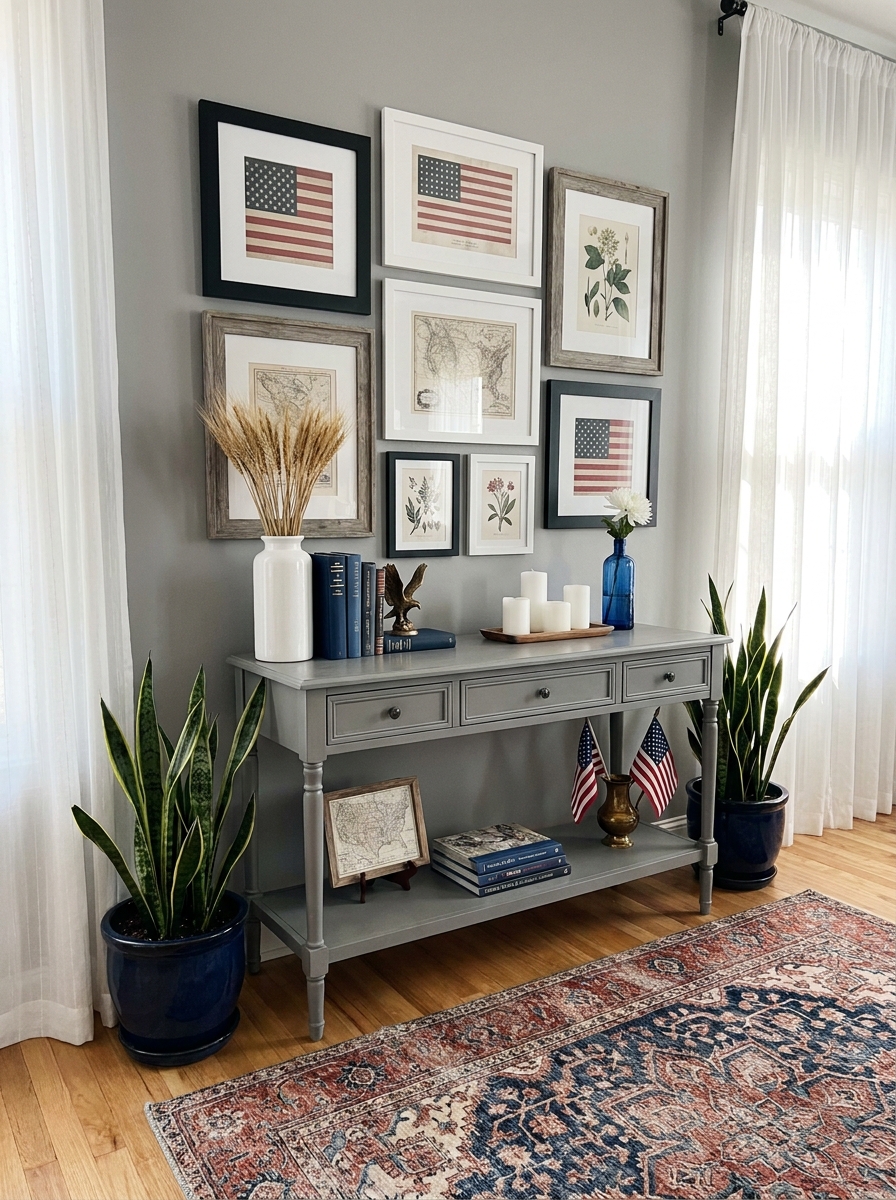 Layered Flag Art Gallery Wall Above Console