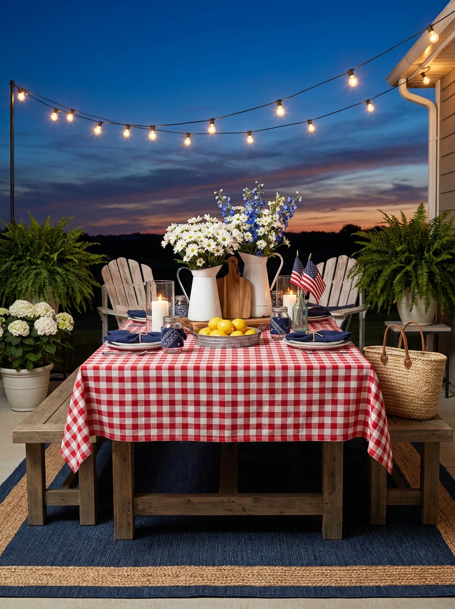 Red Gingham Outdoor Dining Setup with String Lights