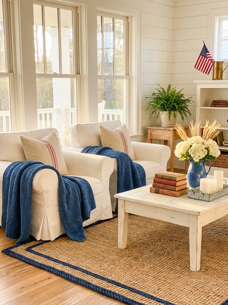 Indigo Blue Throw Blankets Draped Over Living Room Chairs