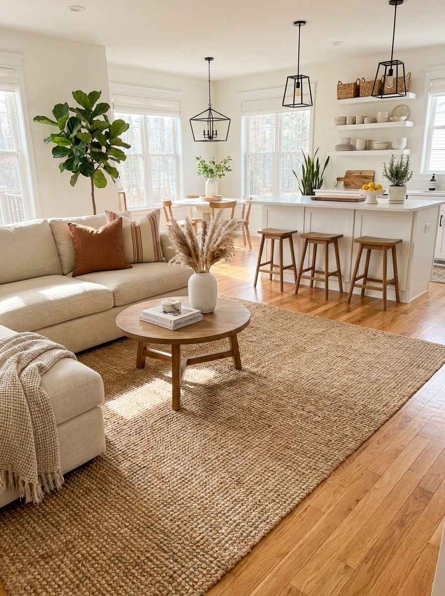 Anchor Both Spaces with One Oversized Rug