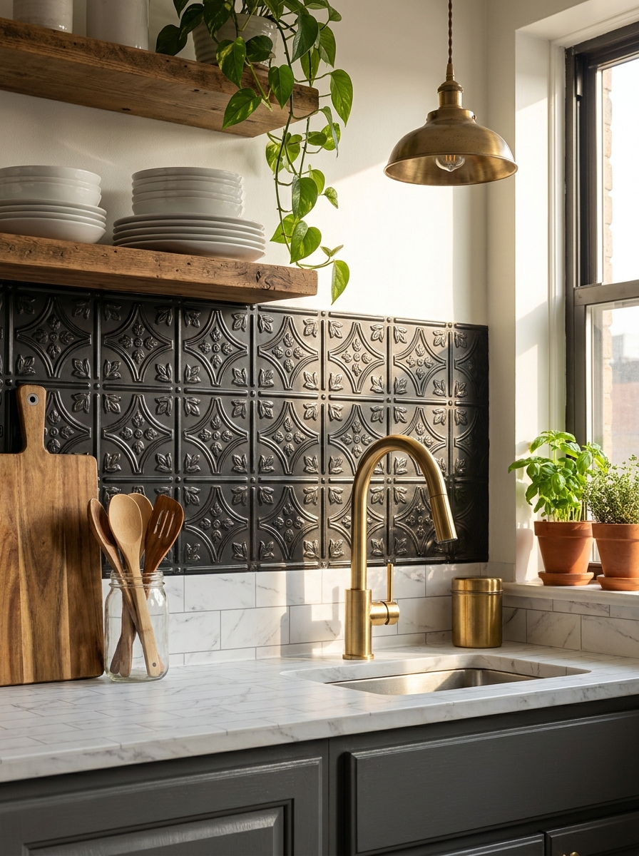 Adhesive Tin Ceiling Tile Backsplash