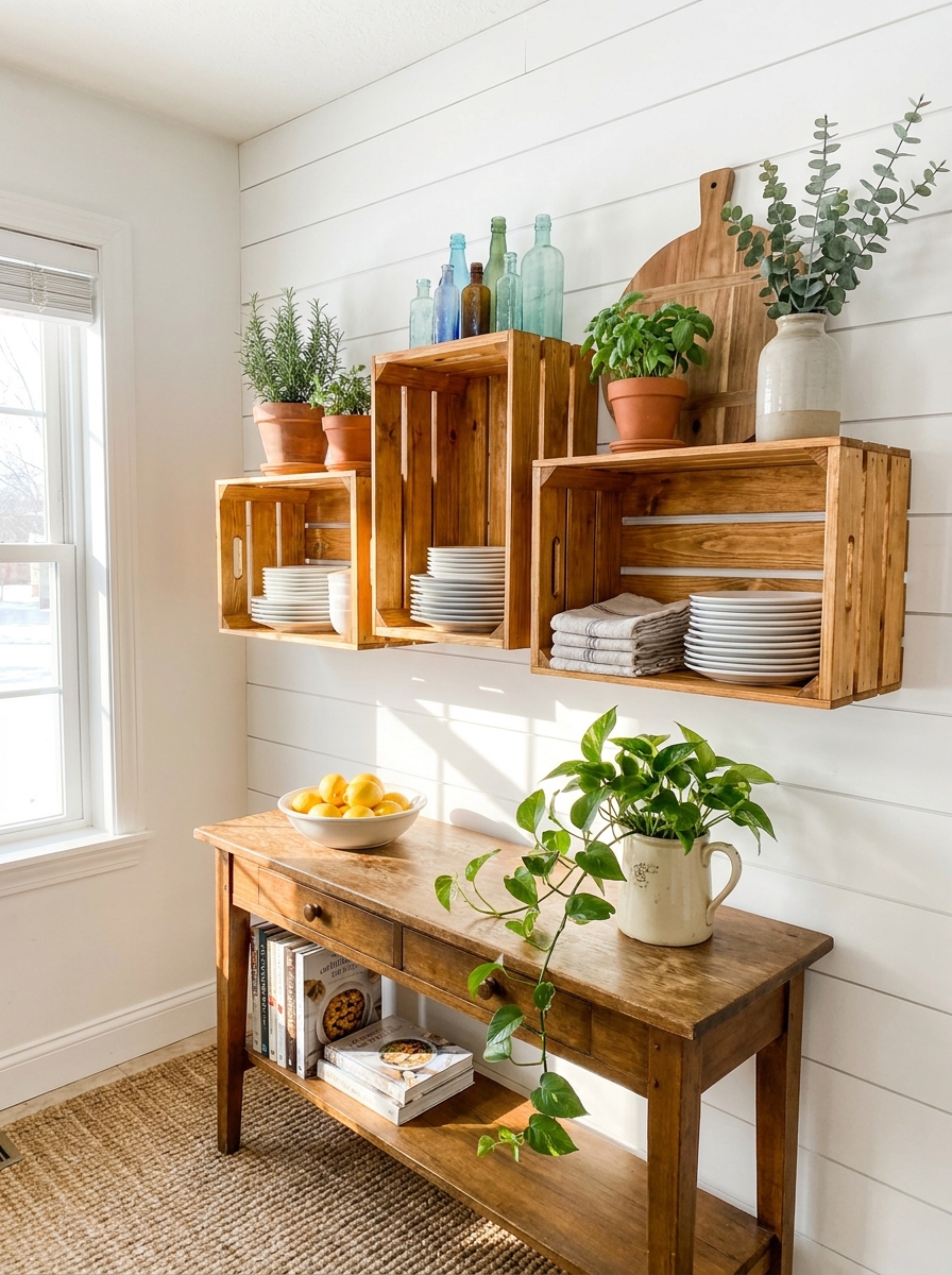 Refinish Wooden Crates Into Open Shelving