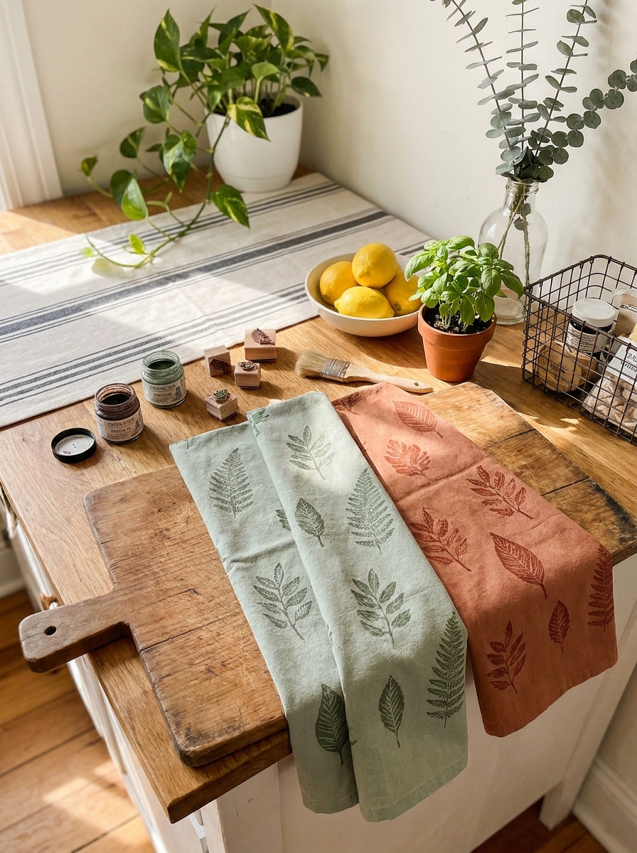 Hand-Stamped Tea Towel Set