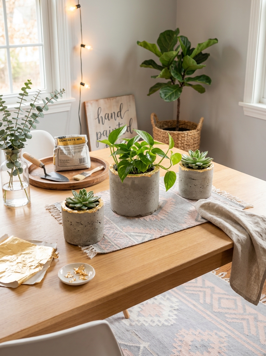 Concrete Planter With Gold Leaf Accent