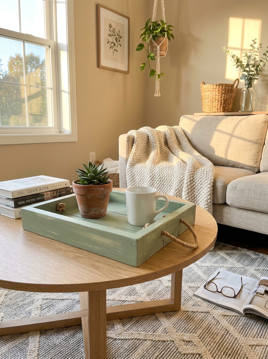 Painted Wooden Serving Tray With Handles
