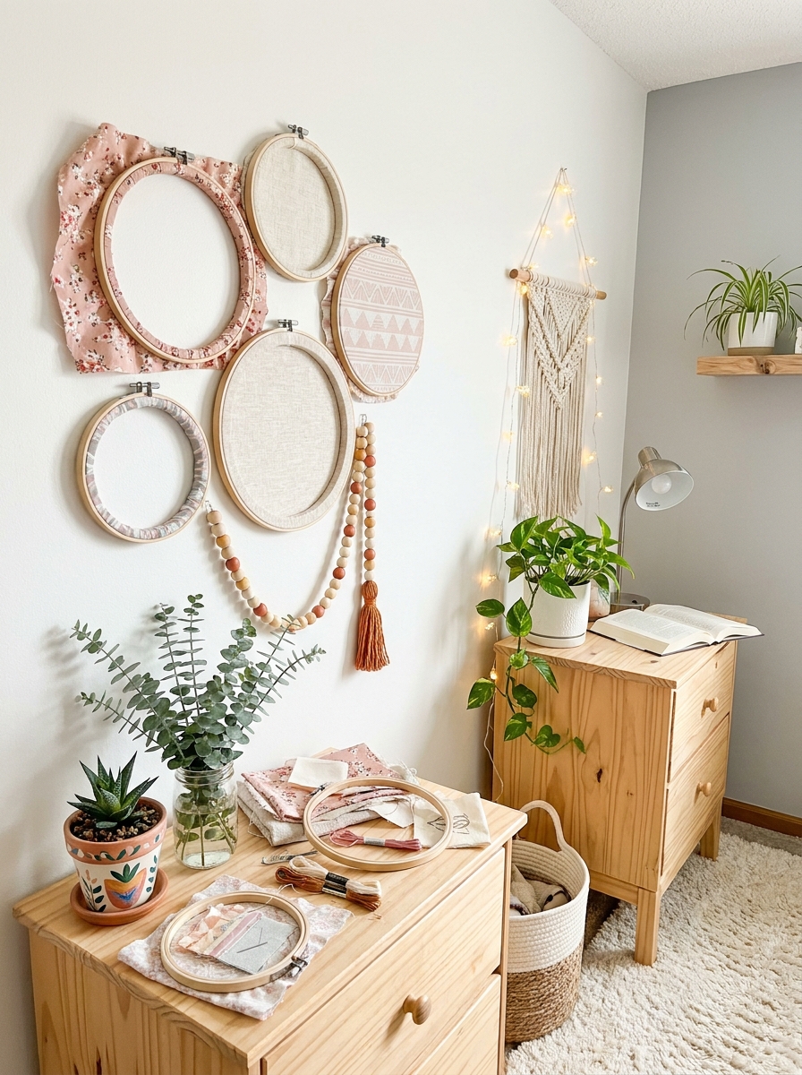 Fabric-Wrapped Embroidery Hoop Wall Art